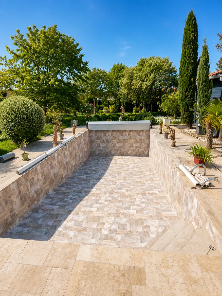 Même piscine rénovée avec membrane armée effet pierre, après chantier de 48h