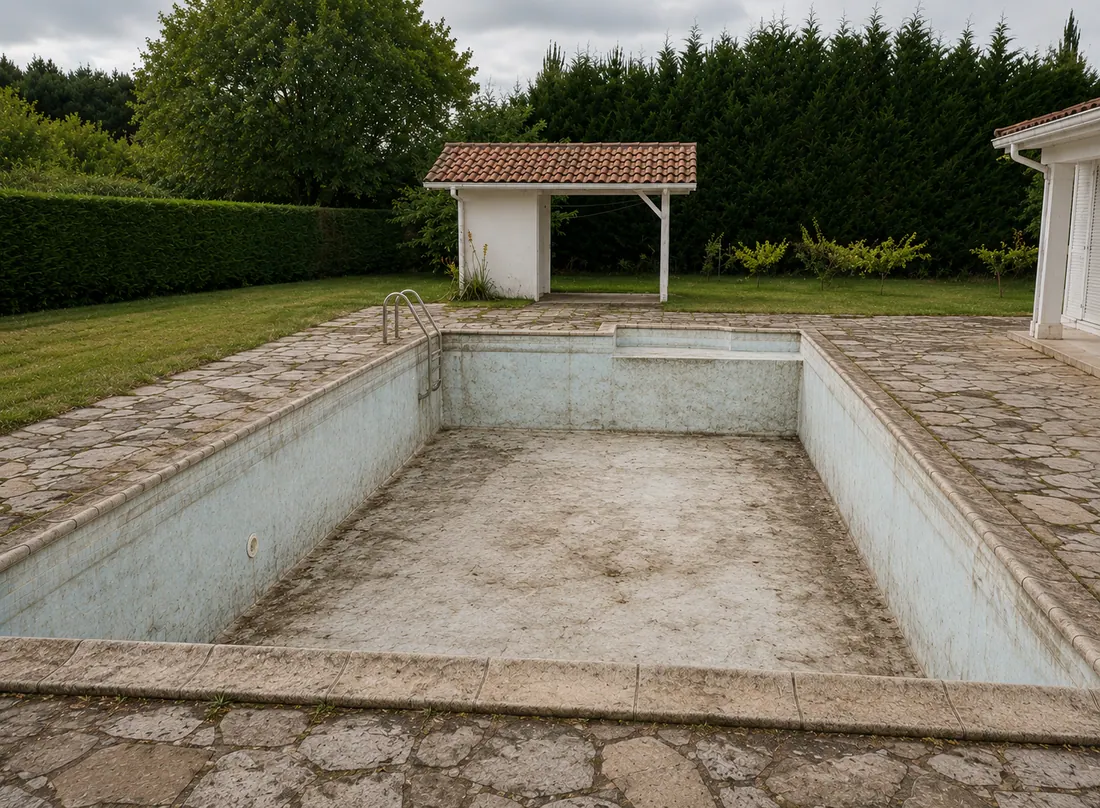 Bassin abandonné avec dépôts et liner décollé